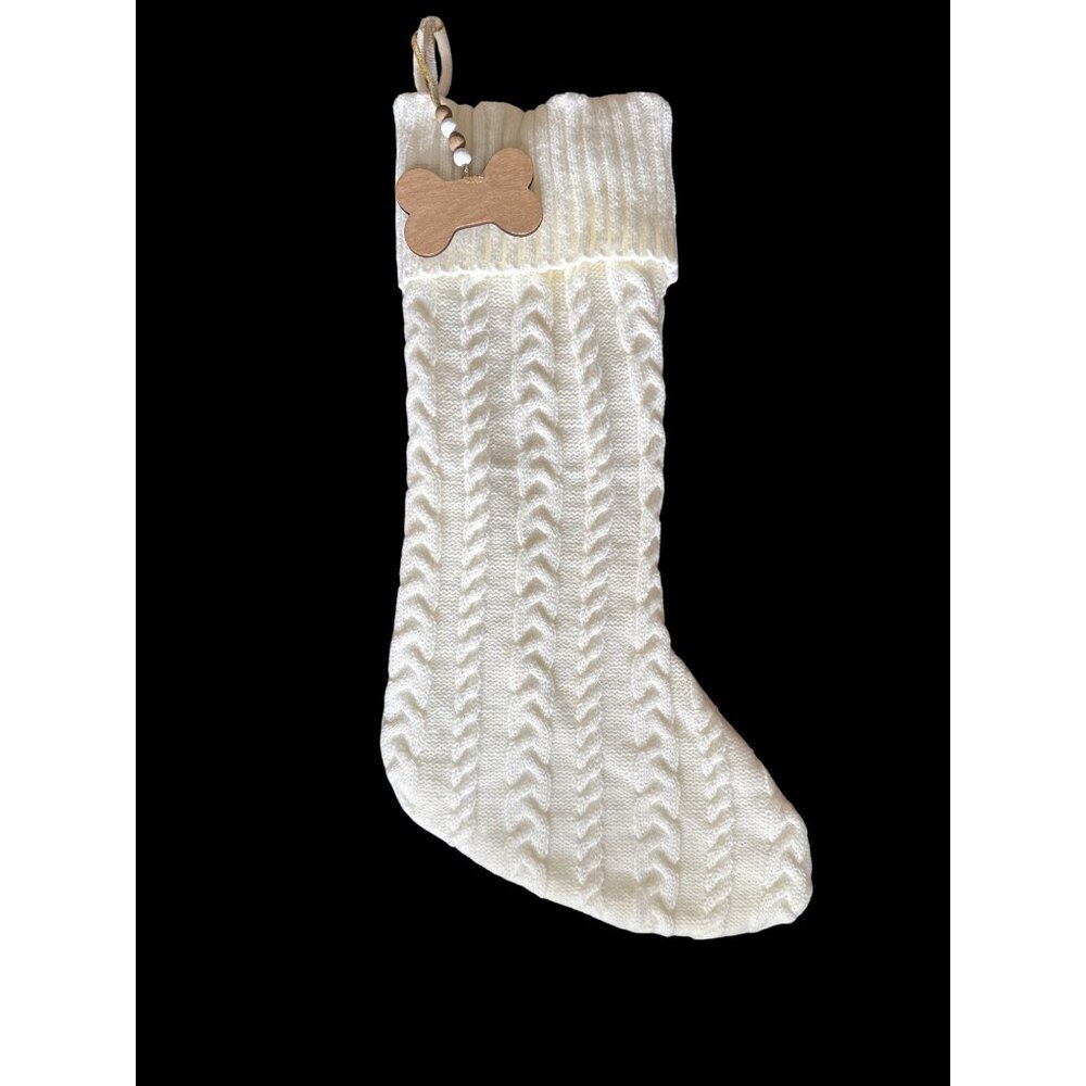 Nicole Miller Home White/Ivory Cable Knit Pet Stocking Beaded Bone Ornament